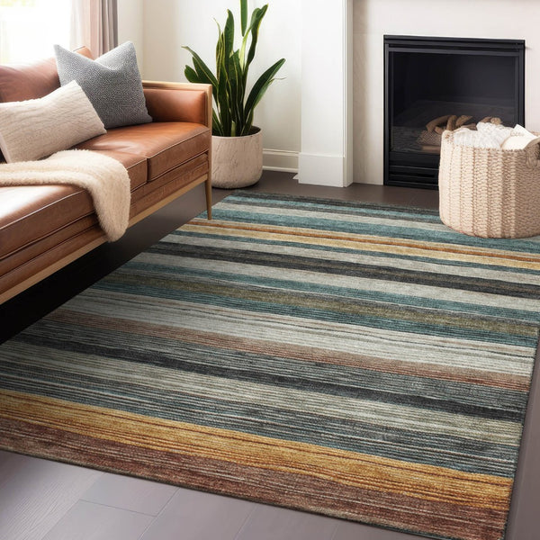 HomeRoots 5' Stylish Beige Gold & Brown Striped Washable Area Rug for Indoor & Outdoor Spaces, Durable Design 5' X 8' 618251