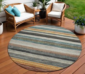 HomeRoots 5' Stylish Beige Gold & Brown Striped Washable Area Rug for Indoor & Outdoor Spaces, Durable Design 8' Round 618252