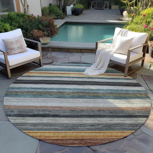 HomeRoots 5' Stylish Beige Gold & Brown Striped Washable Area Rug for Indoor & Outdoor Spaces, Durable Design 8' Round 618252
