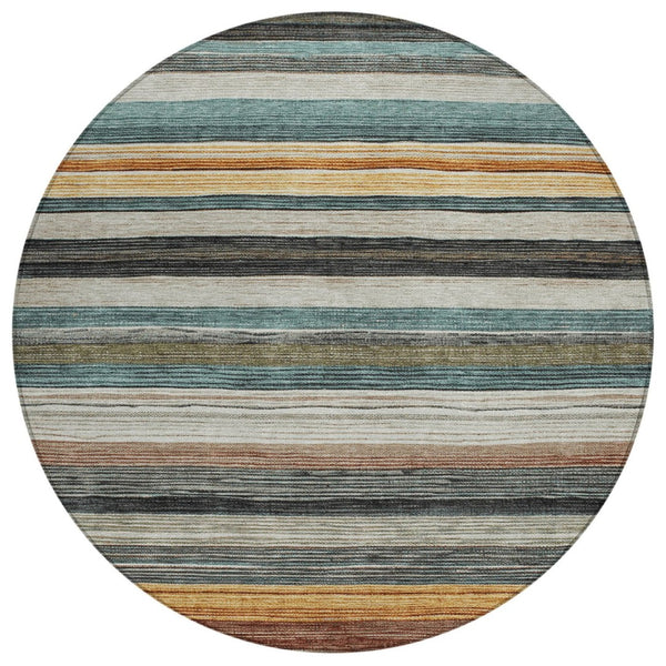 HomeRoots 5' Stylish Beige Gold & Brown Striped Washable Area Rug for Indoor & Outdoor Spaces, Durable Design 8' Round 618252