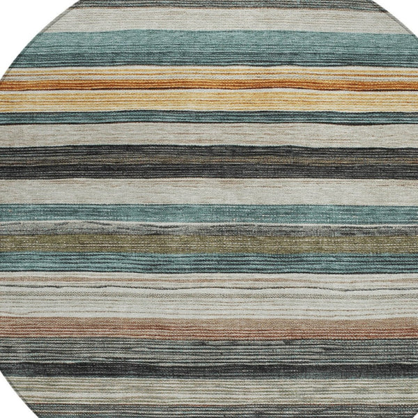 HomeRoots 5' Stylish Beige Gold & Brown Striped Washable Area Rug for Indoor & Outdoor Spaces, Durable Design 8' Round 618252