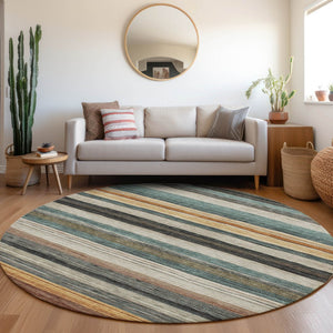 HomeRoots 5' Stylish Beige Gold & Brown Striped Washable Area Rug for Indoor & Outdoor Spaces, Durable Design 8' Round 618252