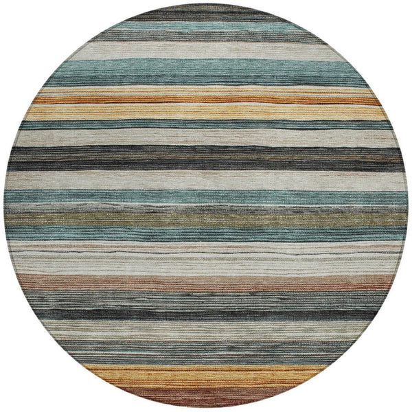 HomeRoots 5' Stylish Beige Gold & Brown Striped Washable Area Rug for Indoor & Outdoor Spaces, Durable Design 8' Round 618252