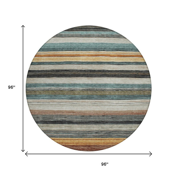 HomeRoots 5' Stylish Beige Gold & Brown Striped Washable Area Rug for Indoor & Outdoor Spaces, Durable Design 8' Round 618252