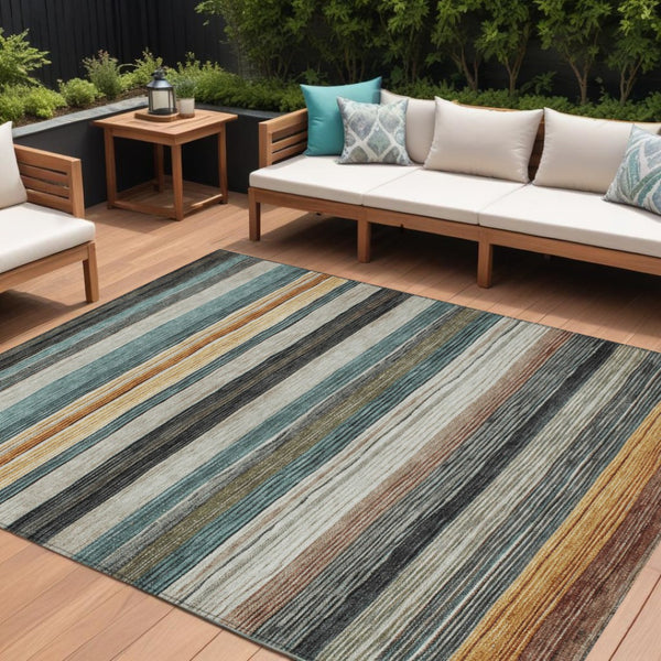 HomeRoots 5' Stylish Beige Gold & Brown Striped Washable Area Rug for Indoor & Outdoor Spaces, Durable Design 8' X 10' 618253