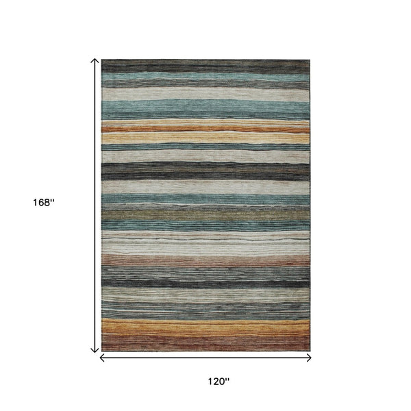 HomeRoots 5' Stylish Beige Gold & Brown Striped Washable Area Rug for Indoor & Outdoor Spaces, Durable Design 10' X 14' 618255