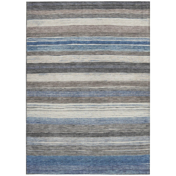 HomeRoots 5' Denim Blue Beige Taupe Striped Washable Area Rug - Durable Indoor Outdoor Design for All Spaces 5' X 8' 618257