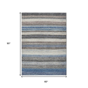 HomeRoots 5' Denim Blue Beige Taupe Striped Washable Area Rug - Durable Indoor Outdoor Design for All Spaces 5' X 8' 618257