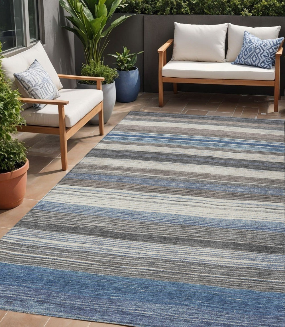 HomeRoots 5' Denim Blue Beige Taupe Striped Washable Area Rug - Durable Indoor Outdoor Design for All Spaces 5' X 8' 618257