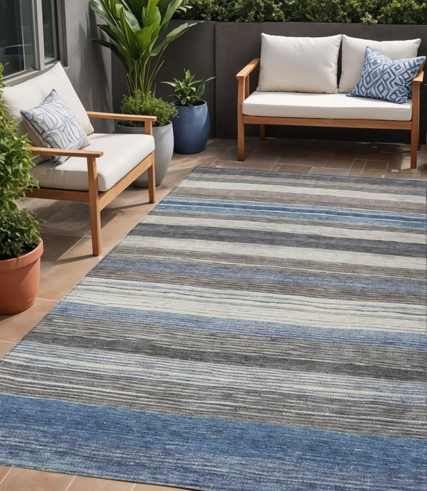 HomeRoots 5' Denim Blue Beige Taupe Striped Washable Area Rug - Durable Indoor Outdoor Design for All Spaces 5' X 8' 618257