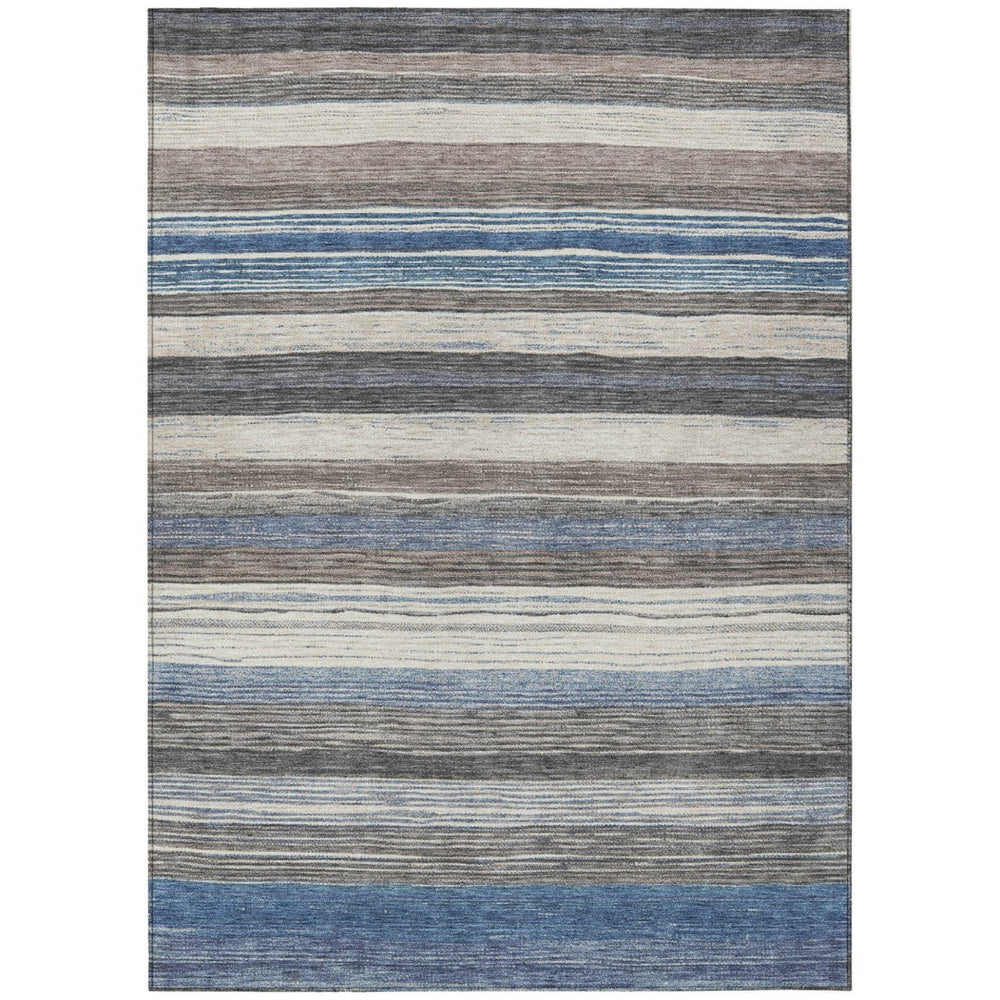 HomeRoots 5' Denim Blue Beige Taupe Striped Washable Area Rug - Durable Indoor Outdoor Design for All Spaces 5' X 8' 618257