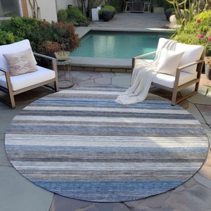 HomeRoots 5' Denim Blue Beige Taupe Striped Washable Area Rug - Durable Indoor Outdoor Design for All Spaces 8' Round 618258