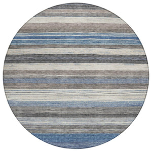 HomeRoots 5' Denim Blue Beige Taupe Striped Washable Area Rug - Durable Indoor Outdoor Design for All Spaces 8' Round 618258
