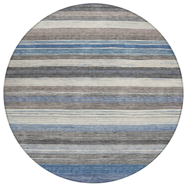 HomeRoots 5' Denim Blue Beige Taupe Striped Washable Area Rug - Durable Indoor Outdoor Design for All Spaces 8' Round 618258