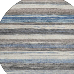 HomeRoots 5' Denim Blue Beige Taupe Striped Washable Area Rug - Durable Indoor Outdoor Design for All Spaces 8' Round 618258
