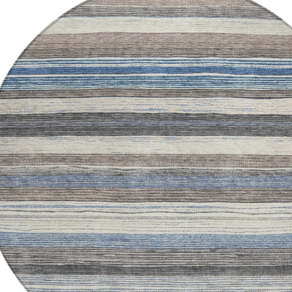 HomeRoots 5' Denim Blue Beige Taupe Striped Washable Area Rug - Durable Indoor Outdoor Design for All Spaces 8' Round 618258
