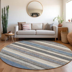 HomeRoots 5' Denim Blue Beige Taupe Striped Washable Area Rug - Durable Indoor Outdoor Design for All Spaces 8' Round 618258