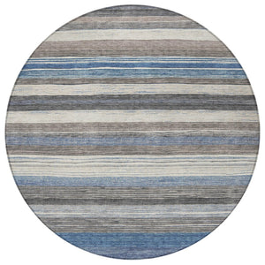 HomeRoots 5' Denim Blue Beige Taupe Striped Washable Area Rug - Durable Indoor Outdoor Design for All Spaces 8' Round 618258