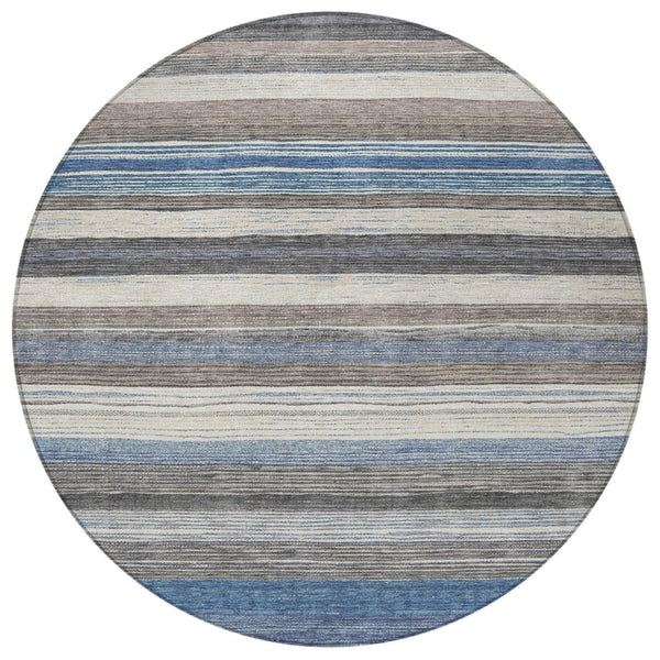 HomeRoots 5' Denim Blue Beige Taupe Striped Washable Area Rug - Durable Indoor Outdoor Design for All Spaces 8' Round 618258
