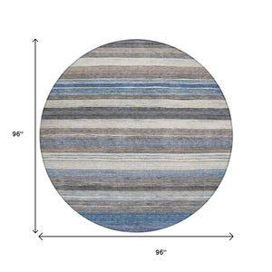 HomeRoots 5' Denim Blue Beige Taupe Striped Washable Area Rug - Durable Indoor Outdoor Design for All Spaces 8' Round 618258
