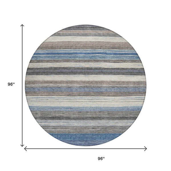 HomeRoots 5' Denim Blue Beige Taupe Striped Washable Area Rug - Durable Indoor Outdoor Design for All Spaces 8' Round 618258