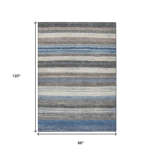 HomeRoots 5' Denim Blue Beige Taupe Striped Washable Area Rug - Durable Indoor Outdoor Design for All Spaces 8' X 10' 618259
