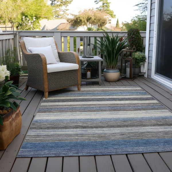 HomeRoots 5' Denim Blue Beige Taupe Striped Washable Area Rug - Durable Indoor Outdoor Design for All Spaces 8' X 10' 618259