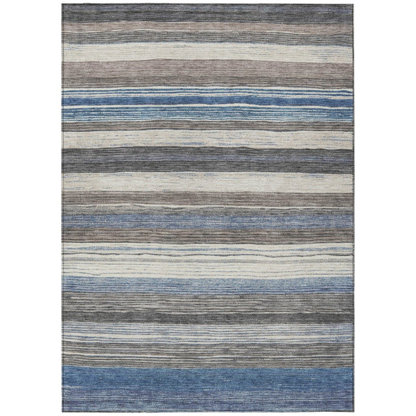 HomeRoots 5' Denim Blue Beige Taupe Striped Washable Area Rug - Durable Indoor Outdoor Design for All Spaces 8' X 10' 618259