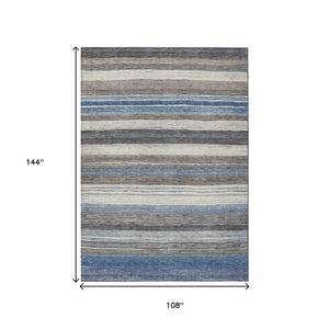 HomeRoots 5' Denim Blue Beige Taupe Striped Washable Area Rug - Durable Indoor Outdoor Design for All Spaces 9' X 12' 618260