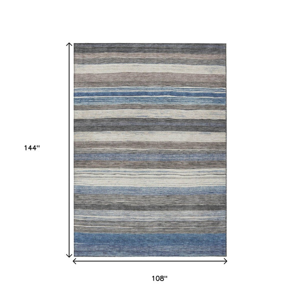 HomeRoots 5' Denim Blue Beige Taupe Striped Washable Area Rug - Durable Indoor Outdoor Design for All Spaces 9' X 12' 618260