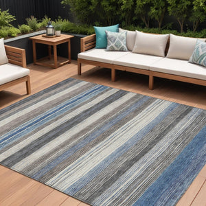 HomeRoots 5' Denim Blue Beige Taupe Striped Washable Area Rug - Durable Indoor Outdoor Design for All Spaces 9' X 12' 618260