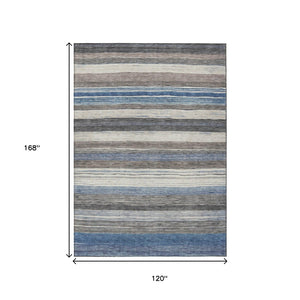 HomeRoots 5' Denim Blue Beige Taupe Striped Washable Area Rug - Durable Indoor Outdoor Design for All Spaces 10' X 14' 618261