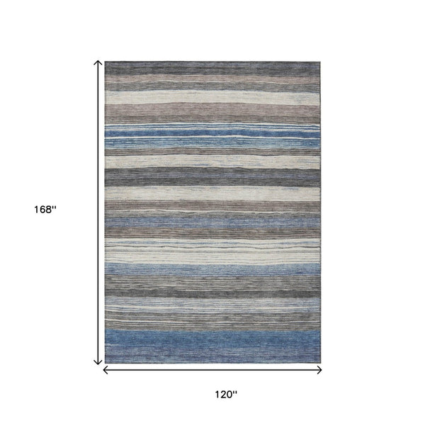 HomeRoots 5' Denim Blue Beige Taupe Striped Washable Area Rug - Durable Indoor Outdoor Design for All Spaces 10' X 14' 618261