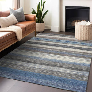 HomeRoots 5' Denim Blue Beige Taupe Striped Washable Area Rug - Durable Indoor Outdoor Design for All Spaces 10' X 14' 618261