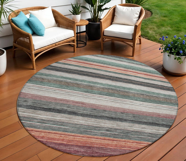 HomeRoots 5' Coastal-Inspired Striped Area Rug in Pale Aqua, Copper & Taupe - Durable, Washable & Stylish! 8' Round 618264
