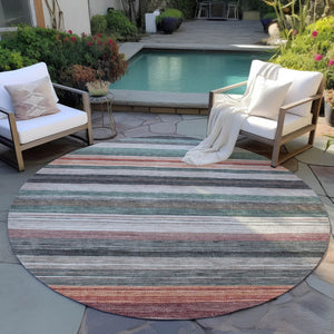 HomeRoots 5' Coastal-Inspired Striped Area Rug in Pale Aqua, Copper & Taupe - Durable, Washable & Stylish! 8' Round 618264