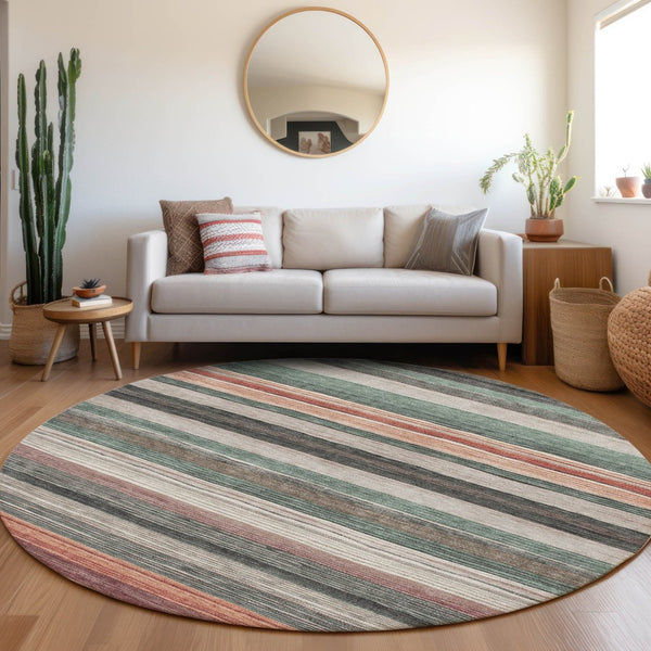 HomeRoots 5' Coastal-Inspired Striped Area Rug in Pale Aqua, Copper & Taupe - Durable, Washable & Stylish! 8' Round 618264