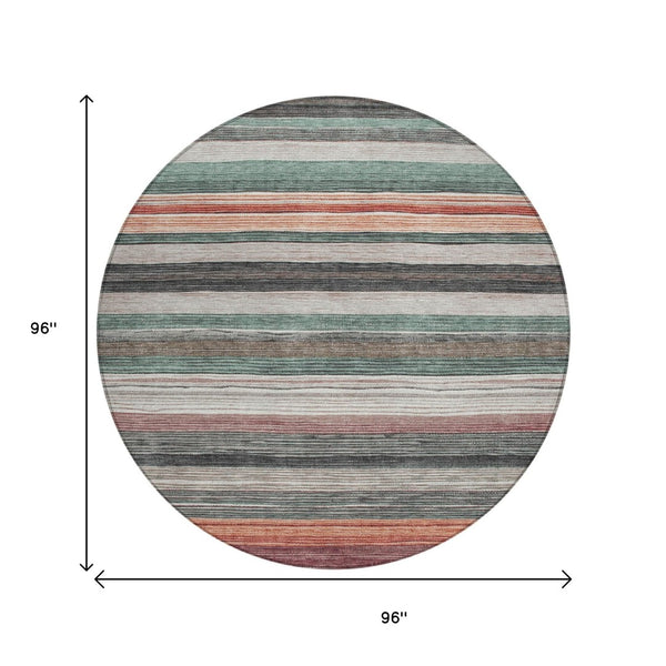 HomeRoots 5' Coastal-Inspired Striped Area Rug in Pale Aqua, Copper & Taupe - Durable, Washable & Stylish! 8' Round 618264