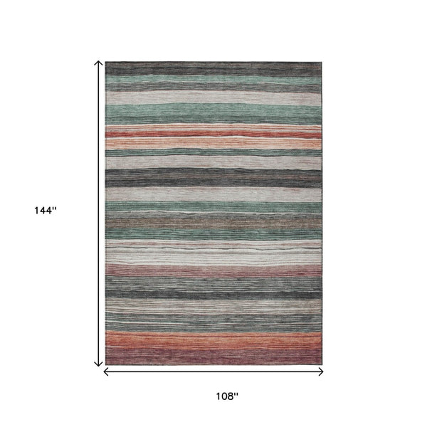 HomeRoots 9' X 12' Striped Washable Area Rug in Pale Aqua, Copper & Taupe - Perfect for Indoor & Outdoor Use! 618266