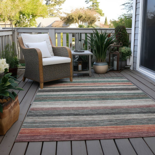 HomeRoots 9' X 12' Striped Washable Area Rug in Pale Aqua, Copper & Taupe - Perfect for Indoor & Outdoor Use! 618266