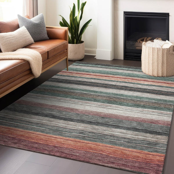 HomeRoots 9' X 12' Striped Washable Area Rug in Pale Aqua, Copper & Taupe - Perfect for Indoor & Outdoor Use! 618266