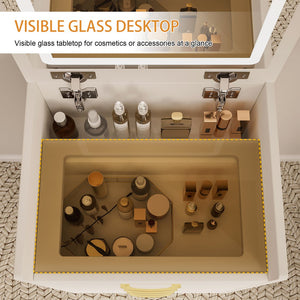 English Elm 3 3 in 1 Vanity Desk with Glass Top, Flip-Top Jewelry Organizer, Hidden Storage & Plush Bench W509P238992