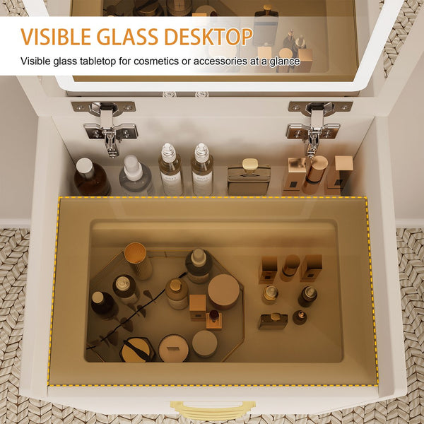 English Elm 3 3 in 1 Vanity Desk with Glass Top, Flip-Top Jewelry Organizer, Hidden Storage & Plush Bench W509P238992