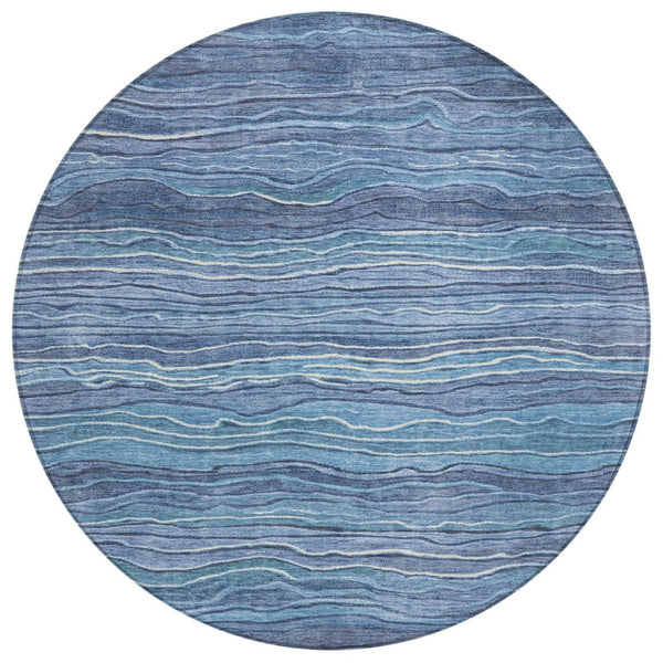 HomeRoots 5' Abstract Denim Blue and Sky Blue Area Rug – Durable, Washable, Indoor-Outdoor Coastal Charm 8' Round 618270
