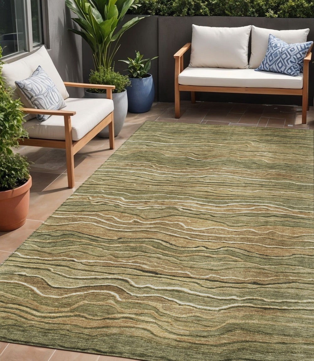 HomeRoots 5' Stylish Fern Green and Taupe Abstract Area Rug for Indoor and Outdoor Spaces – Washable & Durable 5' X 8' 618275