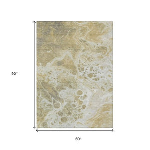 Homeroots 3' X 5' Artistic Green And Ivory Abstract Washable Indoor-outdoor Area Rug For Stylish Spaces Gold Polyester 618299