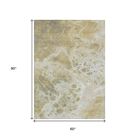 Homeroots 3' X 5' Artistic Green And Ivory Abstract Washable Indoor-outdoor Area Rug For Stylish Spaces Gold Polyester 618299