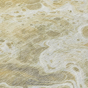 Homeroots 3' X 5' Artistic Green And Ivory Abstract Washable Indoor-outdoor Area Rug For Stylish Spaces Gold Polyester 618300
