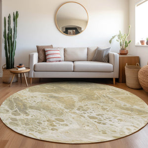 Homeroots 3' X 5' Artistic Green And Ivory Abstract Washable Indoor-outdoor Area Rug For Stylish Spaces Gold Polyester 618300