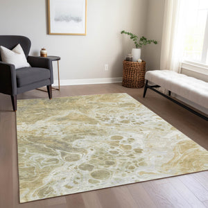 Homeroots 3' X 5' Artistic Green And Ivory Abstract Washable Indoor-outdoor Area Rug For Stylish Spaces Gold Polyester 618302